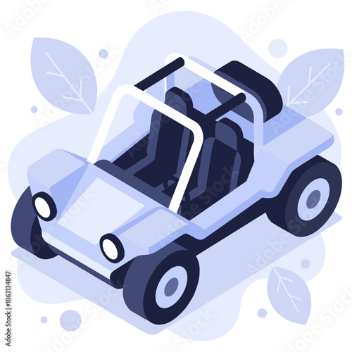 Isometric blue off-road buggy with two seats and leaf background