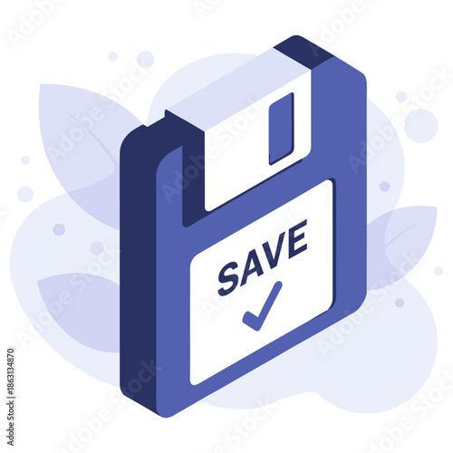 Blue floppy disk icon with save text and checkmark in isometric style