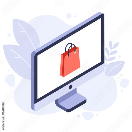 Online shopping concept with digital shopping bag on computer screen