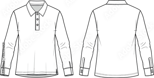 Long Sleeve Polo Shirt Technical Flat Sketch Vector Template with Button Placket and Cuffs for Men’s Fashion Design CAD Mockup
