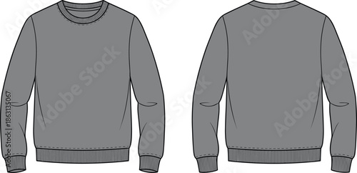 Crewneck sweatshirt illustration front and back, long sleeve ribbed collar cuffs hem, classic pullover sweater technical fashion vector flat sketch