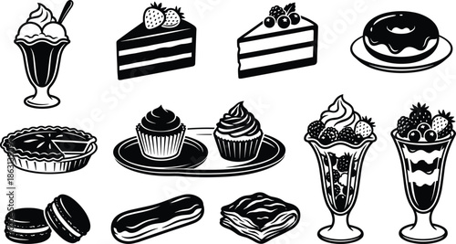 Dessert sweets illustration set, cakes cupcakes ice cream and pastries black silhouette icons, bakery food vector collection