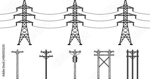 High voltage transmission towers and utility poles collection, power line pylons, conductors, insulators and spans, electrical grid infrastructure vector set