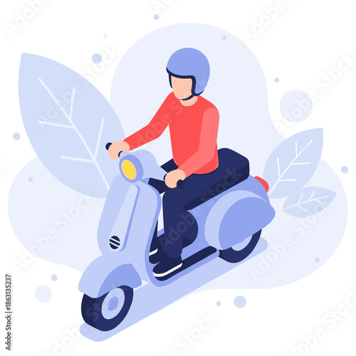 Young caucasian male riding scooter with helmet in urban setting