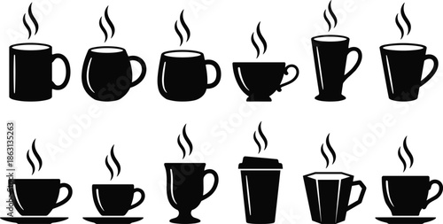 Hot coffee cup illustration set, steaming mug and tea cup black silhouette icons, beverage drink vector collection