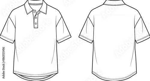 Polo shirt illustration, front and back view short sleeve collared t shirt technical fashion line art vector design