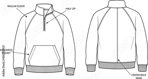 Raglan half-zip pullover illustration, front and back technical flat sketch with kangaroo pocket, ribbed hem and collar, athletic casual apparel vector