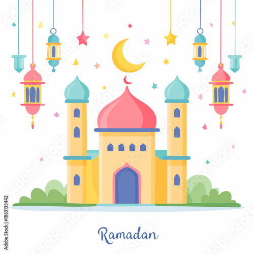 Ramadan mosque celebration with crescent moon, lanterns, and stars, celebrating Islamic culture and tradition
