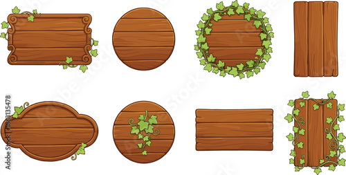 Rustic wooden signboard collection with decorative ivy vines, carved plaque and plank panels for shopfront, menu, wayfinding and fantasy signage vector art