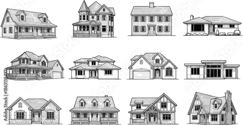 Residential house architecture illustration collection, detailed home exterior designs line art, suburban building styles vector set