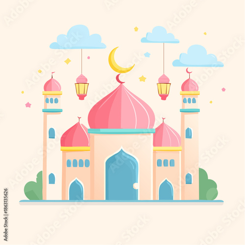 Beautiful illustration of a mosque under a crescent moon, with lanterns and clouds, symbolizing Islamic culture and faith
