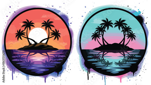 Tropical island sunset illustration set, colorful palm tree silhouettes with ocean reflection and watercolor splash, summer beach vector art