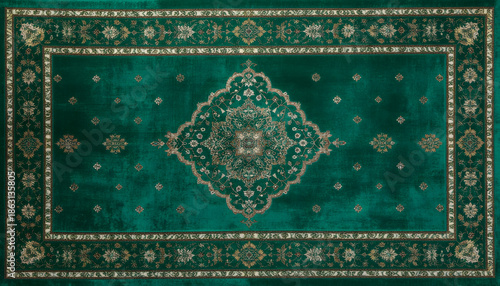 Texture of green traditional Islamic prayer rug with intricate floral pattern