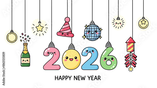 Colorful hanging ornaments celebrate New Year with smiling numbers and decorations.
