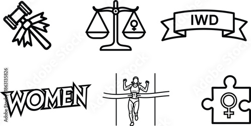 International Womens Day icons with female empowerment symbols and objects