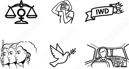 International Womens Day icons with scales woman with camera banner two women heads dove with leaves woman driving car