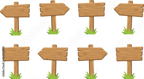 Wooden signpost illustration pack, rustic arrow and plank boards on posts with grass, hand-painted trail and park direction signs vector art
