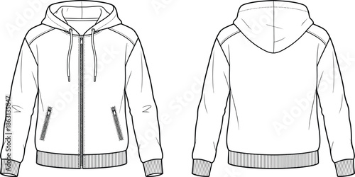 Zip up hoodie technical flat sketch, front and back view with hood, zipper pockets, rib cuffs, fashion line art illustration