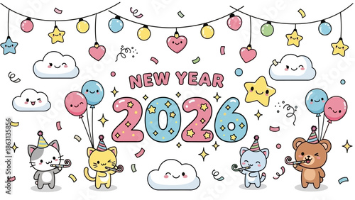 Cute cartoon animals celebrate New Year 2026 with balloons and decorations