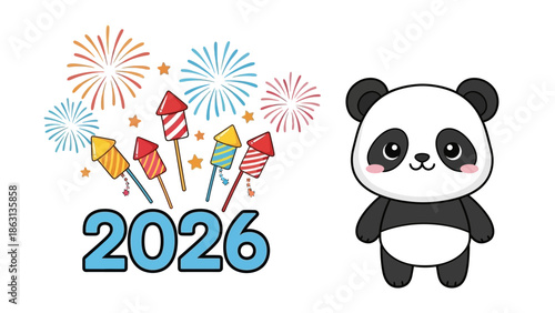 Cute panda celebrates 2026 with colorful fireworks and rockets display