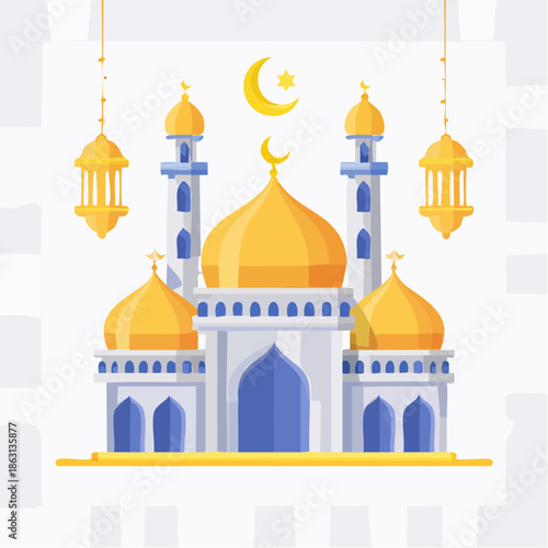 Beautifully Illustrated Mosque with Golden Domes and Minarets, adorned with glowing lanterns and a crescent moon, symbolizing Islamic culture and spiritual celebration