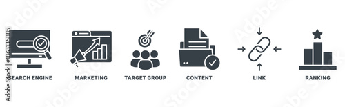 Search Engine Marketing (SEM) icon set vector concept with icon of search engine, marketing, target group, content, links, ranking 