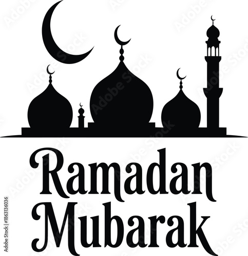 A Ramadan Mubarak greeting card with mosque silhouettes and a crescent moon
