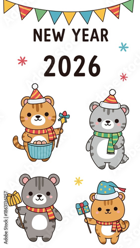 Cute cartoon animals celebrate New Year 2026 with festive hats and decorations