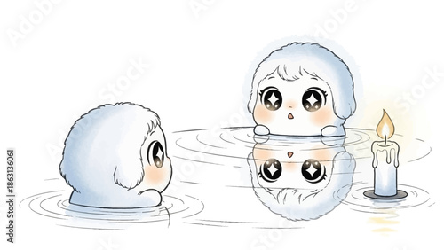 Two cartoon characters float in water with a candle nearby 