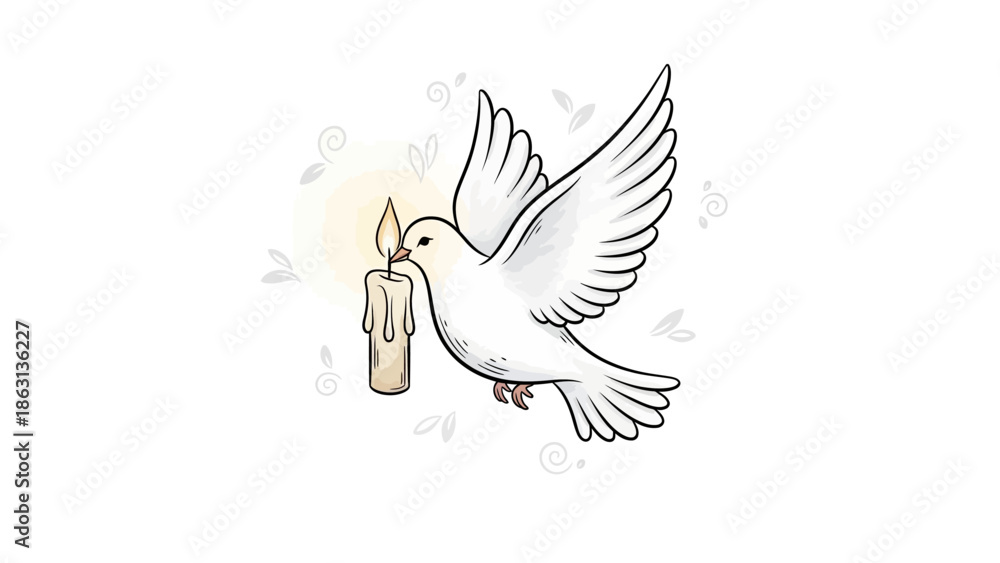 Fototapeta premium White dove flying with burning candle, peaceful bird carrying light illustration, spiritual hope and sympathy vector art