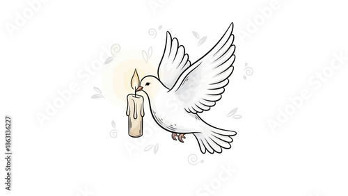 A white dove flies with a lit candle in its beak surrounded by leaves.