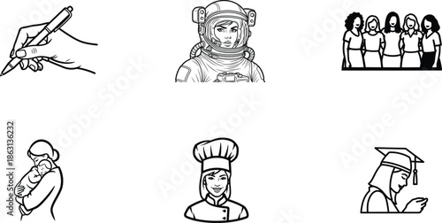 Line drawings of people in various professions and activities