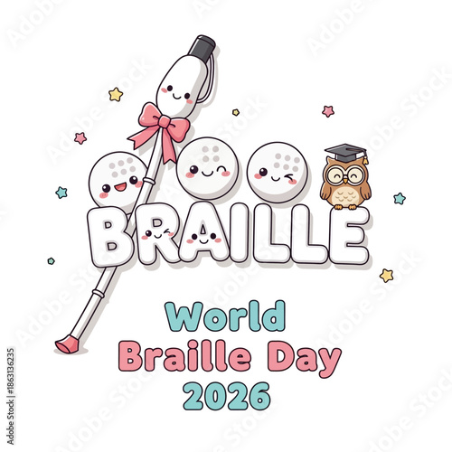 Smiling Braille characters celebrate World Braille Day 2026 with colorful illustrations
