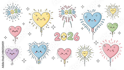 Colorful heart balloons and fireworks celebrate 2026 with smiling faces