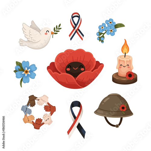 Soldiers Remembrance Day Illustration with Poppy Flowers and Dove of Peace