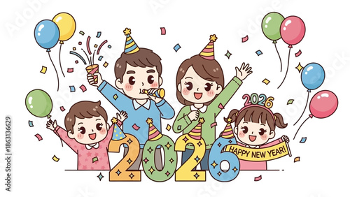 Family celebrates New Year together with joy and festive decorations in a lively scene.