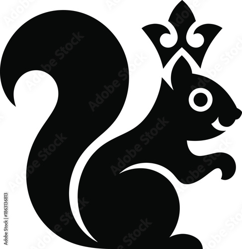 A stylized black squirrel with a crown on its head is depicted in a simple graphic design.