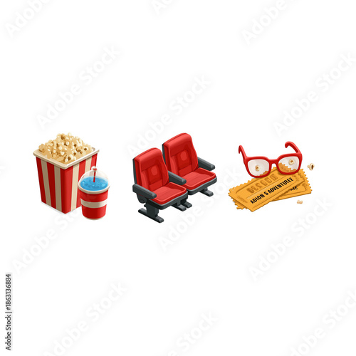 Movie Theater Scene with Popcorn and Drink cinema soda isolated on a transparent background