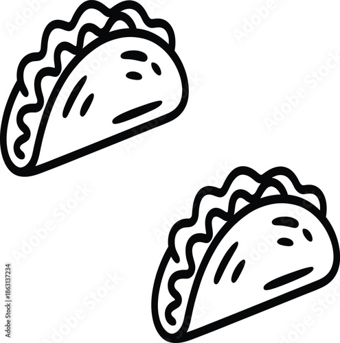 A simple black and white illustration of two tacos on a plain background