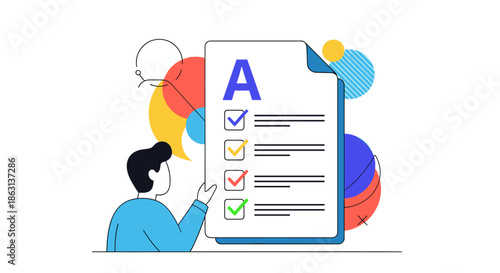 Student reviewing an exam checklist with an A grade mark and colorful checkmarks for successful task completion assessment.