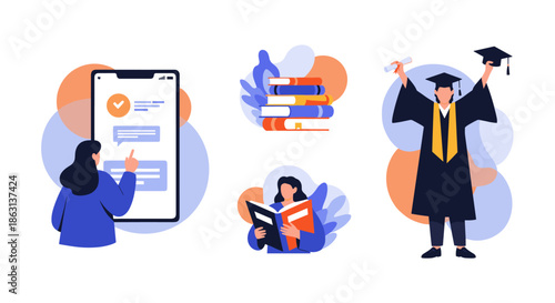 Graduation and online learning journey featuring female student using laptop, reading books, and celebrating academic success.