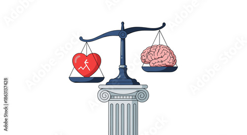 Brain and broken heart on balance scales standing on a classical stone column comparing logic and emotion for decision making.