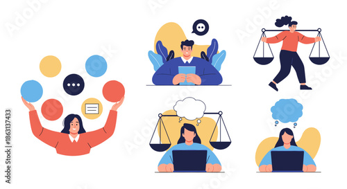 Diverse concepts of decision making, work-life balance, and professional multitasking illustrated with various human characters.