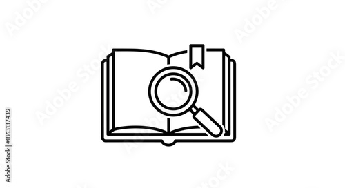 Open book with magnifying glass outline icon representing academic research, library search, and deep learning for students.
