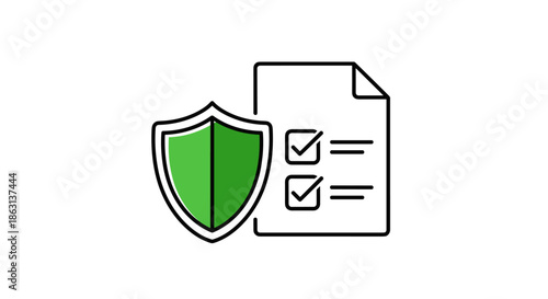 Document with checkmarks and green security shield icon depicting data protection, compliance, and verified safety standards.