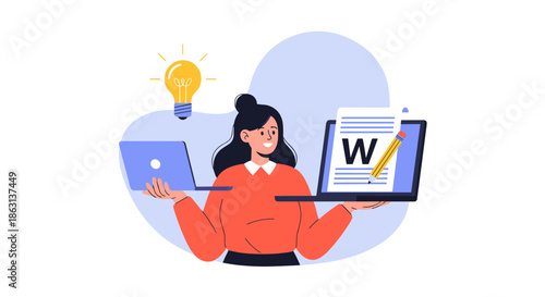 Professional female content creator balancing laptop and digital document representing multitasking and innovative creative process.