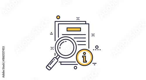 Magnifying glass over document pages with information symbol representing deep research, data analysis, and legal investigation.
