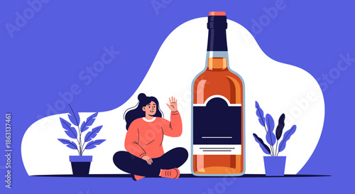 Woman sitting next to giant bottle of alcoholic beverage representing alcohol addiction, social habits, and mental health.