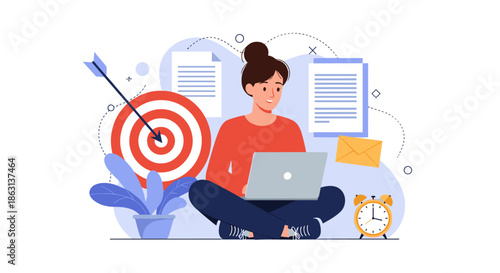 Motivated woman working on laptop sitting near target board and clock representing productivity and goal achievement at home.