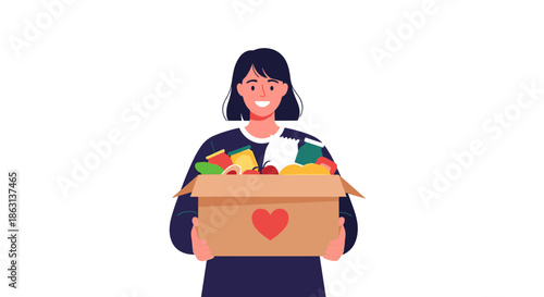 Smiling female volunteer holding donation box filled with food products for charity and community support to help people.